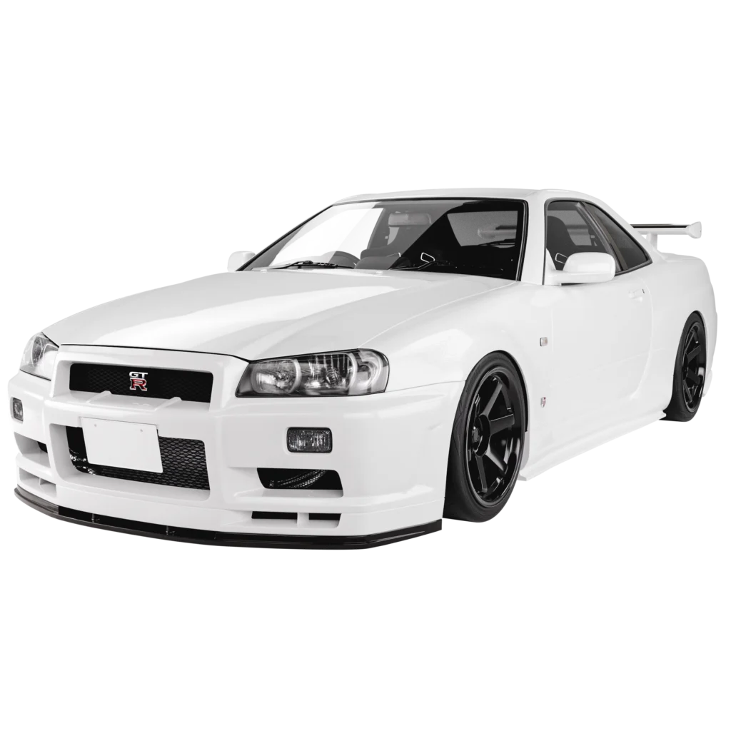 White Nissan Skyline R34 GT-R 3D render with black wheels