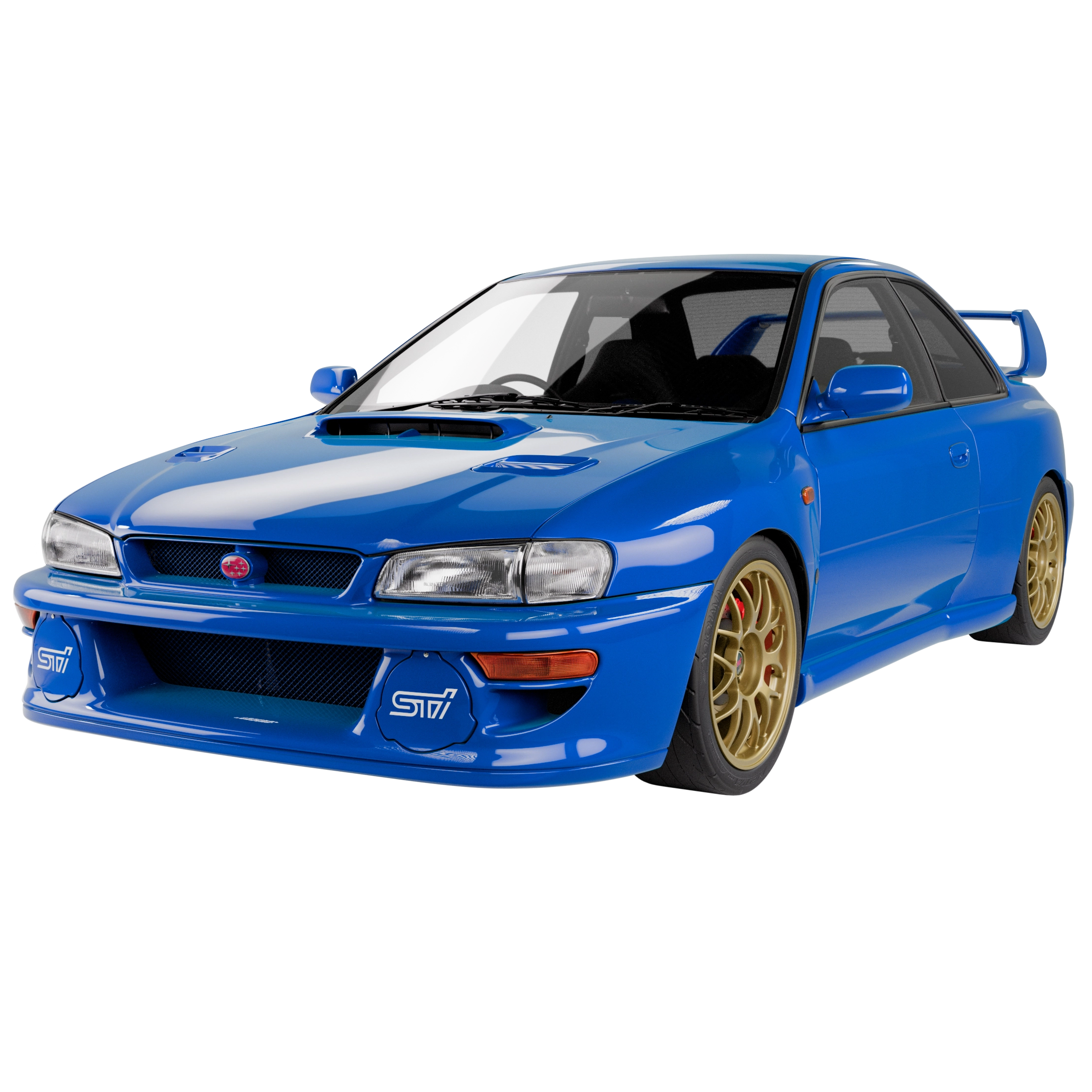 Subaru Impreza 22B 3D model in World Rally Blue with gold BBS wheels